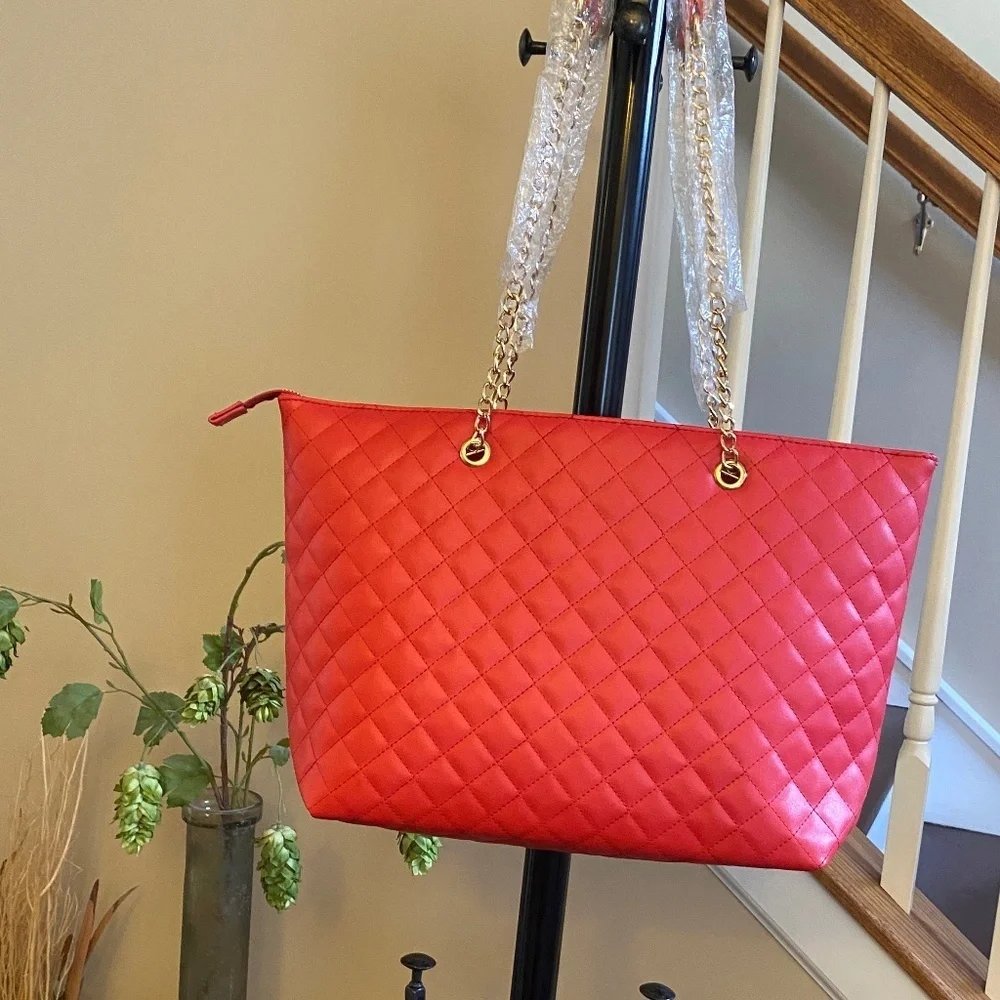 Badgley Mischka Red Quilted Chain Strap Tote Bag O/S